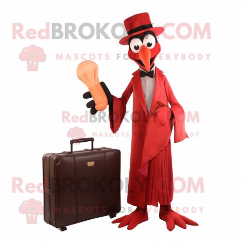 Personnage De Costume De Mascotte Redbrokoly Red Stilt Walker Habillé D'une Robe De Soirée Et De Portefeuilles