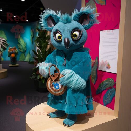 Mascotte Redbrokoly De Personnage Turquoise Aye-Aye Habillé D'une Robe Portefeuille Et De Pochettes