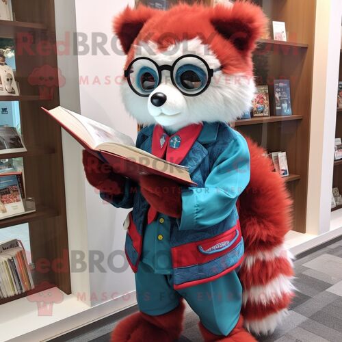 Personnage De Costume De Mascotte Redbrokoly De Panda Rouge Bleu Ciel Habillé D'une Mini Robe Et De Lunettes De Lecture