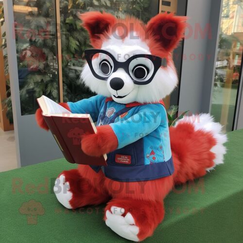 Personnage De Costume De Mascotte Redbrokoly De Panda Rouge Bleu Ciel Habillé D'une Mini Robe Et De Lunettes De Lecture