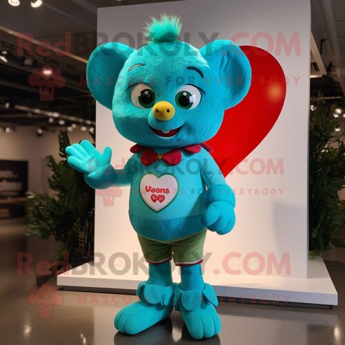 Personnage De Costume De Mascotte Redbrokoly Cupidon Turquoise Habillé D'un T-Shirt Graphique Et De Mitaines