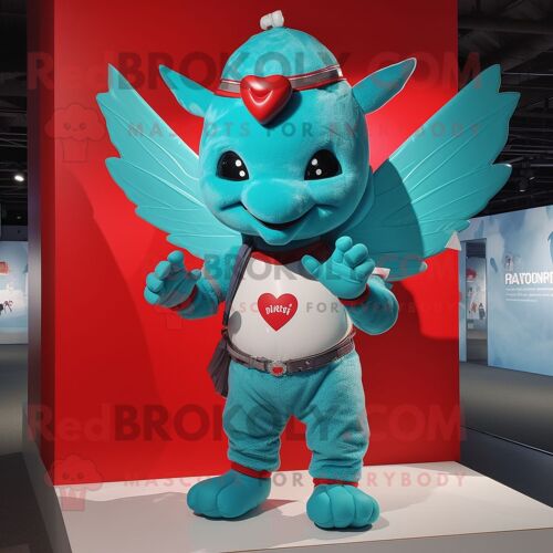 Personnage De Costume De Mascotte Redbrokoly Cupidon Turquoise Habillé D'un T-Shirt Graphique Et De Mitaines