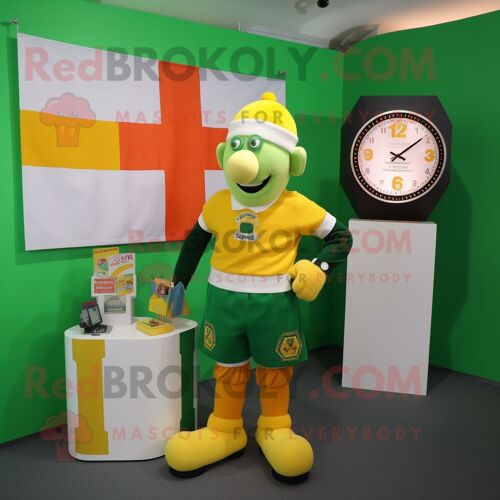 Personnage De Costume De Mascotte Redbrokoly Drapeau Irlandais Jaune Habillé Avec Un Cardigan Et Des Montres Numériques