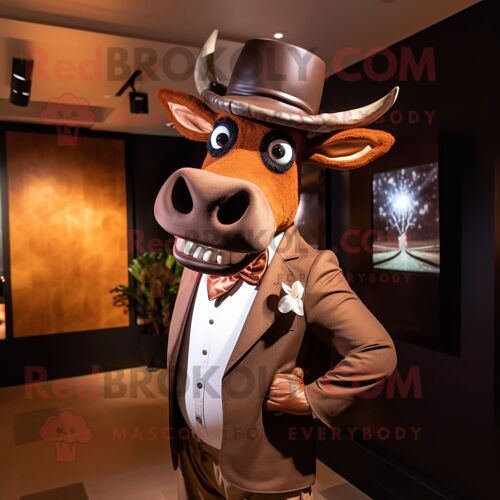 Mascotte Redbrokoly De Personnage De Zébu Marron Habillé D'un Smoking Et De Bandeaux