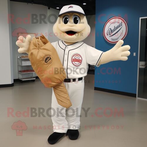 Personnage De Costume De Mascotte Redbrokoly De Pizza Blanche Habillé D'un Tee-Shirt De Baseball Et De Sacs Fourre-Tout