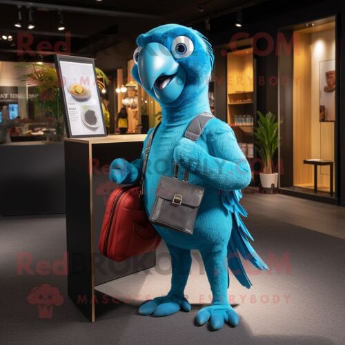 Personnage De Costume De Mascotte Redbrokoly De Perroquet Turquoise Habillé D'un Jegging Et De Sacs Fourre-Tout