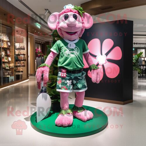 Personnage De Costume De Mascotte Redbrokoly De Trèfle À Quatre Feuilles Rose Habillé Avec Un Short De Bain Et Des Montres Bracelet
