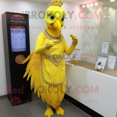 Personnage De Costume De Mascotte Redbrokoly De Poulet Tandoori Jaune Citron Habillé D'une Robe Taille Empire Et De Montres Numériques
