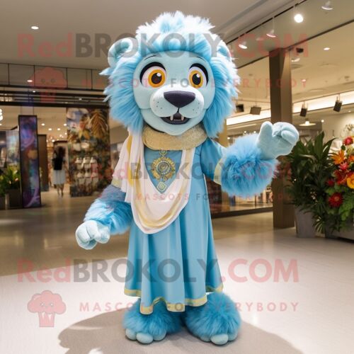 Personnage De Costume De Mascotte Redbrokoly De Lion Bleu Ciel Habillé D'une Robe Trapèze Et De Châles