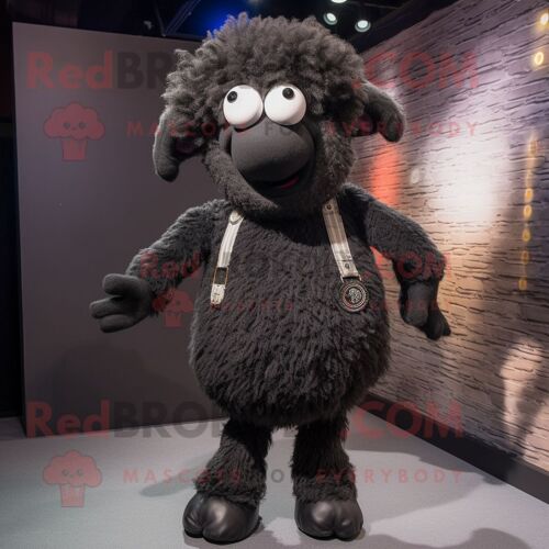 Personnage De Costume De Mascotte Redbrokoly De Mouton Noir Habillé D'un Jean Skinny Et D'épingles À Cheveux