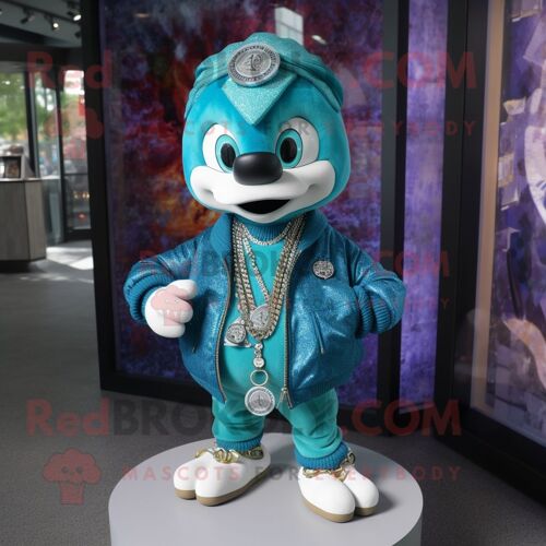 Personnage De Costume De Mascotte Redbrokoly Pendentif Turquoise Habillé D'un Blouson Aviateur Et De Colliers