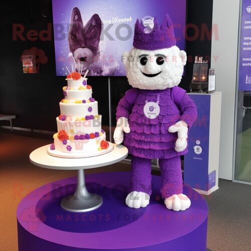 Personnage De Costume De Mascotte Redbrokoly De Gâteau De Mariage Violet Habillé D'un T-Shirt Polo Et De Broches