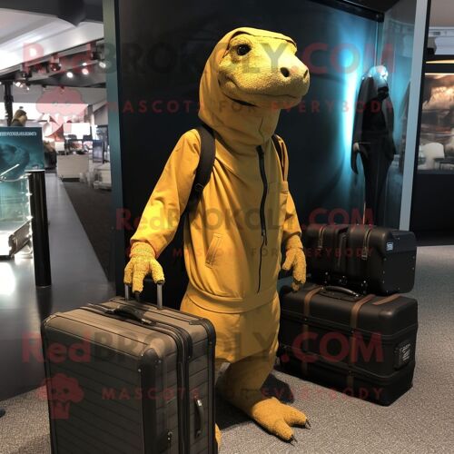 Personnage De Costume De Mascotte Redbrokoly De Dragon De Komodo Doré Habillé D'un Sweat À Capuche Et De Porte-Documents
