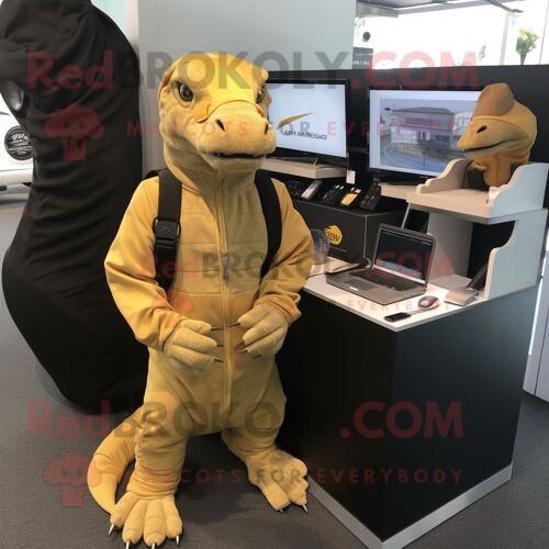 Personnage De Costume De Mascotte Redbrokoly De Dragon De Komodo Doré Habillé D'un Sweat À Capuche Et De Porte-Documents