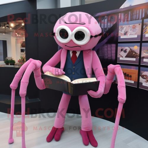 Mascotte Redbrokoly De Personnage D'araignée Rose Habillée D'un Blazer Et De Lunettes De Lecture