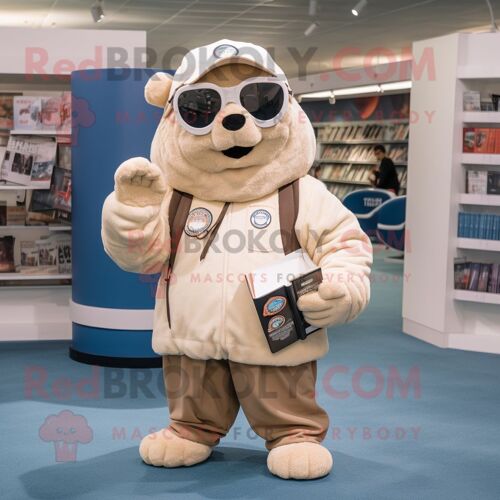 Mascotte Redbrokoly De Personnage Rayon Beige Habillé D'un Blouson Aviateur Et De Lunettes De Lecture