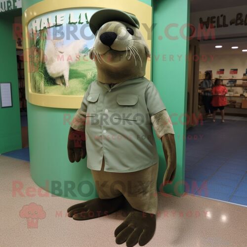 Personnage De Costume De Mascotte Redbrokoly D'olive Sea Lion Habillé D'une Chemise Henley Et De Pinces À Chaussures