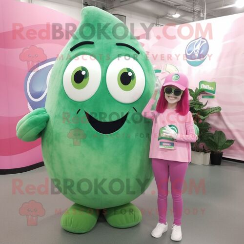 Personnage De Costume De Mascotte Redbrokoly De Haricot Vert Rose Habillé Avec Un Jean Mom Et Des Bagues