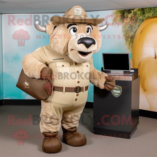 Mascotte Redbrokoly De Personnage De Bison Beige Habillé Avec Une Salopette Et Des Sacs À Main
