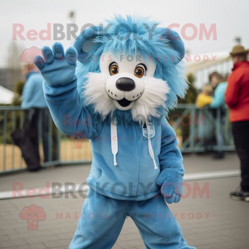 Personnage De Costume De Mascotte Redbrokoly De Lion Bleu Ciel Habillé D'une Salopette Et De Clips D'écharpe