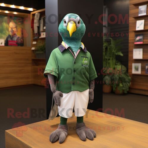 Personnage De Costume De Mascotte Redbrokoly Pigeon Vert Forêt Habillé D'un Maillot De Rugby Et De Pochettes