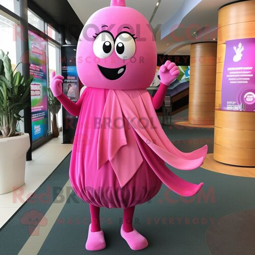 Costume De Mascotte Redbrokoly Rayon Rose Personnage Habillé D'une Robe Taille Empire Et D'écharpes