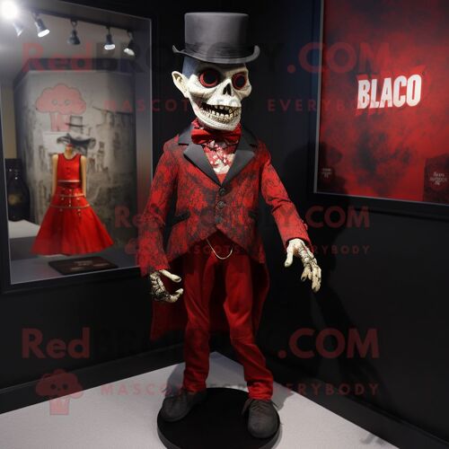 Mascotte Redbrokoly De Personnage De Mort-Vivant Rouge Habillé D'un Gilet Et De Pochettes