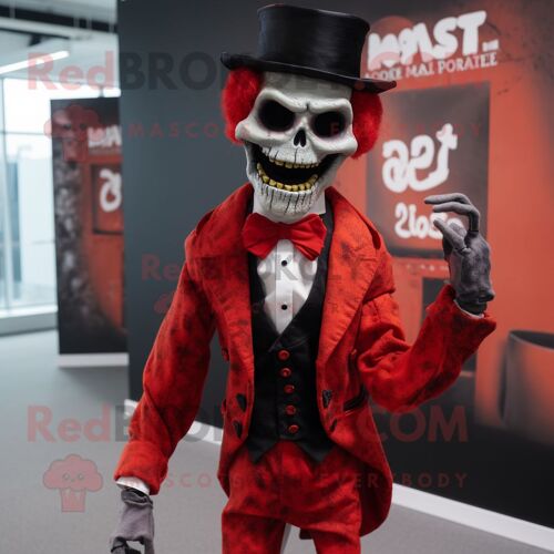 Mascotte Redbrokoly De Personnage De Mort-Vivant Rouge Habillé D'un Gilet Et De Pochettes