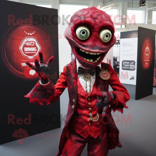 Mascotte Redbrokoly De Personnage De Mort-Vivant Rouge Habillé D'un Gilet Et De Pochettes