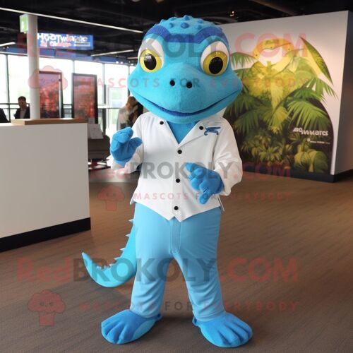 Personnage De Costume De Mascotte Redbrokoly De Lézard Bleu Ciel Habillé D'une Chemise Boutonnée Et De Cravates
