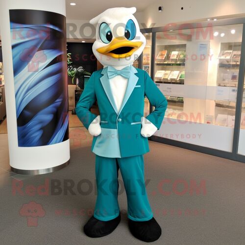 Personnage De Costume De Mascotte Redbrokoly Teal Swan Habillé D'une Veste De Costume Et De Bandeaux