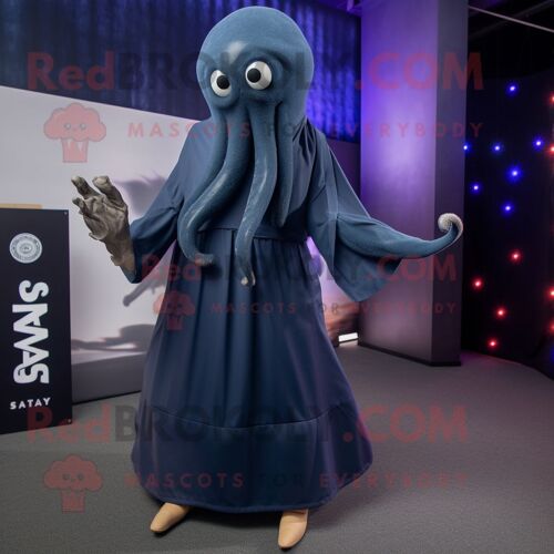Personnage De Costume De Mascotte Redbrokoly De Kraken Bleu Marine Habillé D'une Robe Droite Et D'épingles À Châle