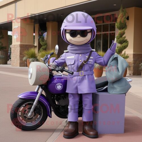 Personnage De Costume De Mascotte Redbrokoly De Soldat De L'armée De Lavande Vêtu D'une Veste De Moto Et De Sacs Fourre-Tout