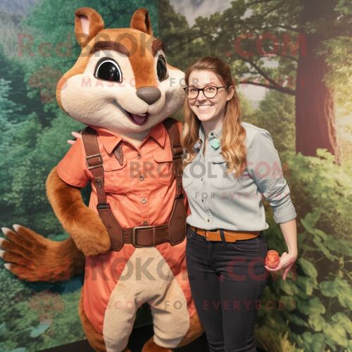 Personnage De Costume De Mascotte Redbrokoly D'écureuil Volant De Rouille Habillé Avec Un Jean Et Des Ceintures De Maman