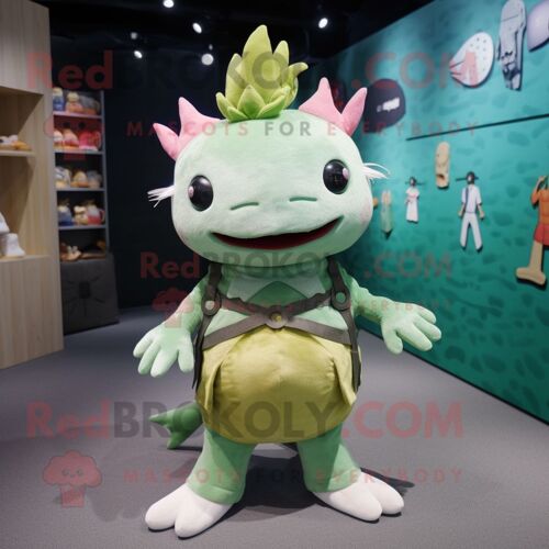 Personnage De Costume De Mascotte Redbrokoly Olive Axolotls Habillé D'un T-Shirt À Col En V Et De Pinces À Cheveux