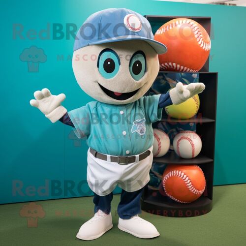 Personnage De Costume De Mascotte Redbrokoly De Balle De Baseball Bleu Sarcelle Habillé D'une Chemise En Chambray Et D'épingles À Cheveux