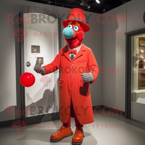 Personnage De Costume De Mascotte Redbrokoly Red Juggle Habillé D'un Manteau Et De Bretelles