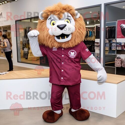 Personnage De Costume De Mascotte Redbrokoly De Lion Marron Habillé D'une Chemise Oxford Et De Pinces À Chaussures