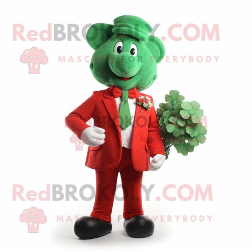 Personnage De Costume De Mascotte Redbrokoly Red Bunch Of Shamrocks Habillé D'une Veste De Costume Et D'épingles À Cravate