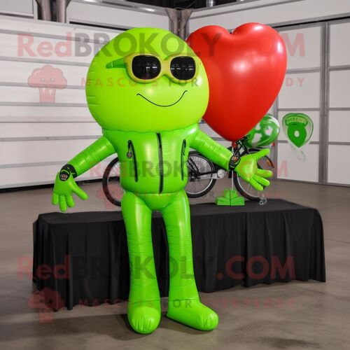 Personnage De Costume De Mascotte Redbrokoly De Ballons En Forme De Coeur Vert Citron Vêtu D'une Veste De Moto Et De Lunettes De Soleil