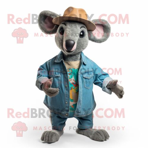 Personnage De Costume De Mascotte Redbrokoly De Kangourou Bleu Sarcelle Habillé D'une Chemise En Jean Et De Chapeaux