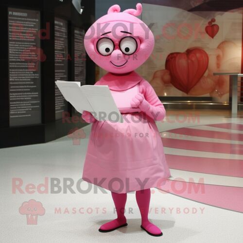 Mascotte Redbrokoly De Personnage De Lettre D'amour Rose Habillée D'une Robe Droite Et De Lunettes De Lecture