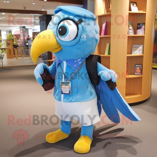 Personnage De Costume De Mascotte Redbrokoly De Perroquet Bleu Ciel Habillé Avec Un Pantalon De Costume Et Des Sacs À Dos