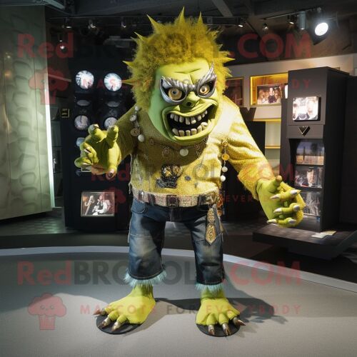 Personnage De Costume De Mascotte Redbrokoly De Monstre De Frankenstein Doré Habillé D'un Jean Skinny Et De Broches