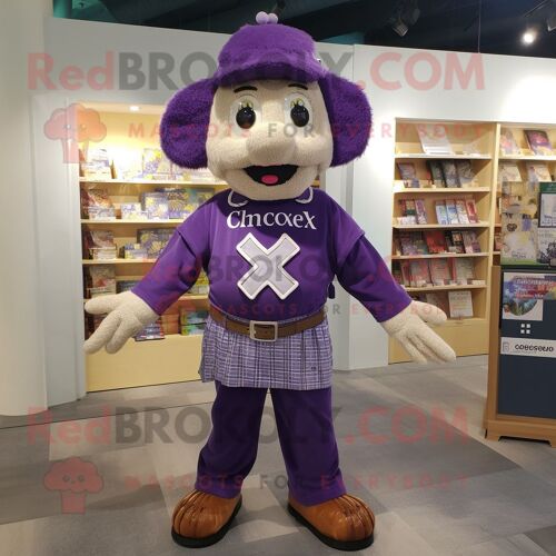 Costume De Mascotte Redbrokoly De Croix Celtique Violette Habillée D'un Jean Mom Et D'épinglettes