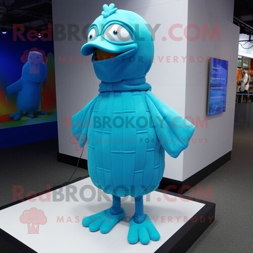 Personnage De Costume De Mascotte Redbrokoly De Poules Cyan Habillé D'un Col Roulé Et De Coussinets Pour Les Pieds