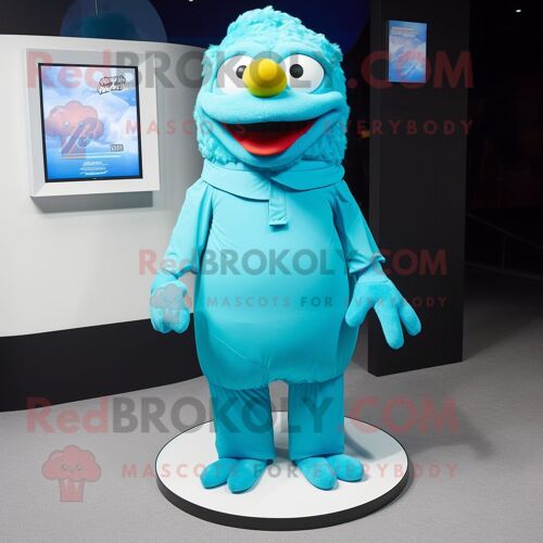 Personnage De Costume De Mascotte Redbrokoly De Poules Cyan Habillé D'un Col Roulé Et De Coussinets Pour Les Pieds