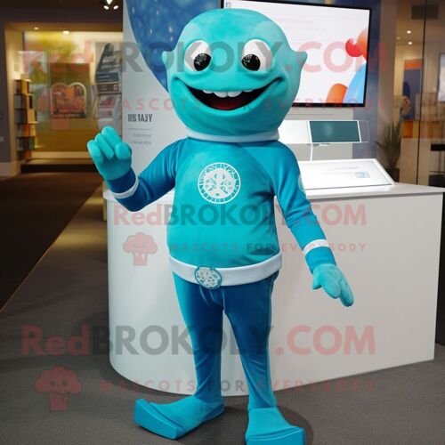 Personnage De Costume De Mascotte Redbrokoly Cyan Ray Habillé D'un Rash Guard Et De Colliers