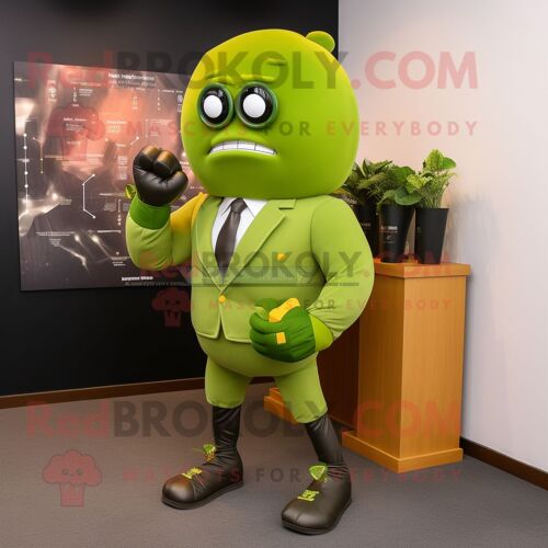 Personnage De Costume De Mascotte Redbrokoly Olive Boxing Glove Habillé D'une Veste De Costume Et De Montres Numériques