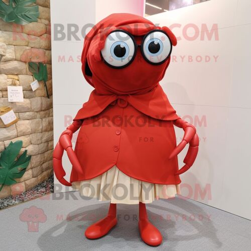 Personnage De Costume De Mascotte Redbrokoly De Crabe Ermite Rouge Habillé D'une Jupe Plissée Et De Lunettes